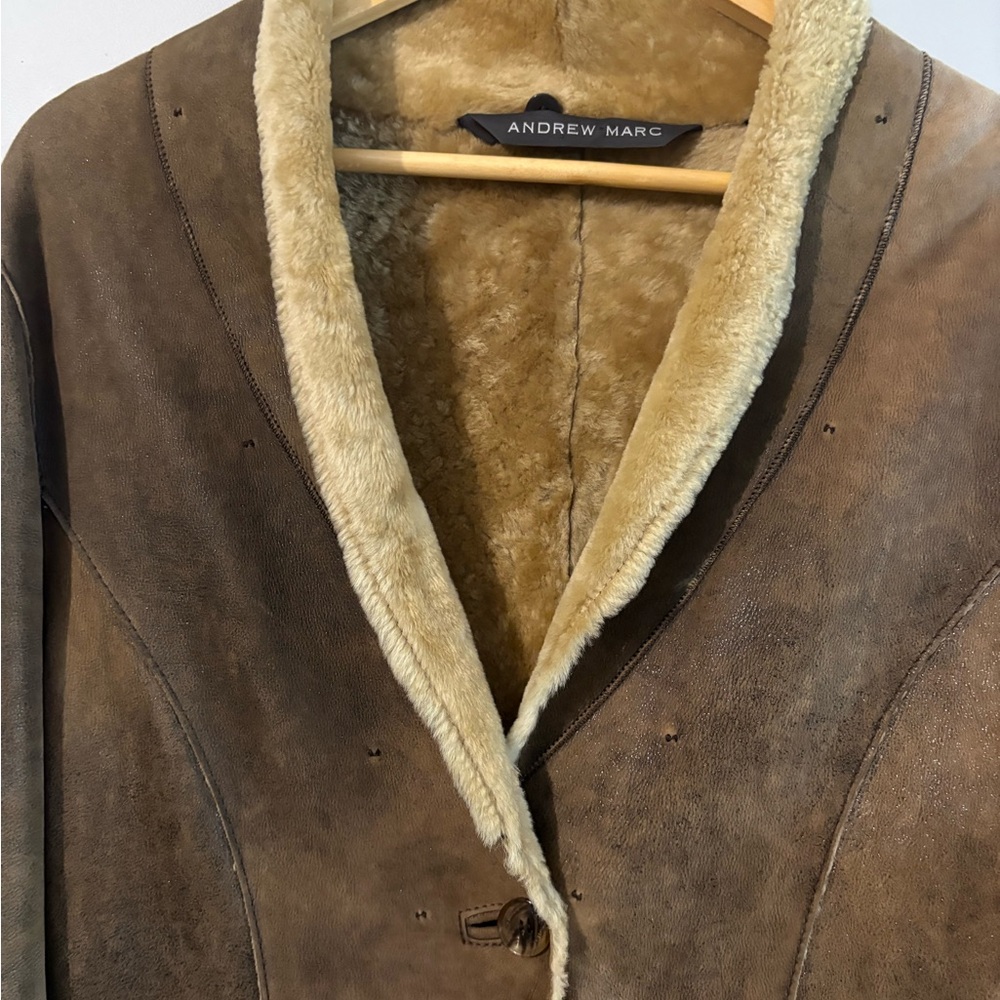Andrew Marc Brown Leather Jacket with Cream Trim - Picture 4 of 10